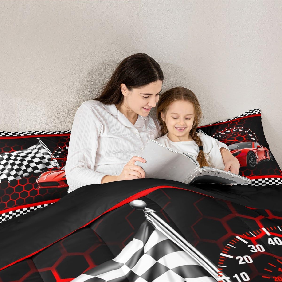 Red Race Car Comforter Set Full Size,Neon Lights Honeycomb Extreme Sports Duvet Sets for Kids Teens Adults Bedroom Decor,Black White Grid Flag Extreme Sports Microfiber Soft Bedding Comforter,3 Pcs