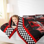 Red Race Car Comforter Set Full Size,Neon Lights Honeycomb Extreme Sports Duvet Sets for Kids Teens Adults Bedroom Decor,Black White Grid Flag Extreme Sports Microfiber Soft Bedding Comforter,3 Pcs