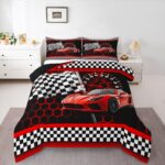 Red Race Car Comforter Set Full Size,Neon Lights Honeycomb Extreme Sports Duvet Sets for Kids Teens Adults Bedroom Decor,Black White Grid Flag Extreme Sports Microfiber Soft Bedding Comforter,3 Pcs