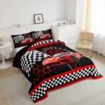 Red Race Car Comforter Set Full Size,Neon Lights Honeycomb Extreme Sports Duvet Sets for Kids Teens Adults Bedroom Decor,Black White Grid Flag Extreme Sports Microfiber Soft Bedding Comforter,3 Pcs