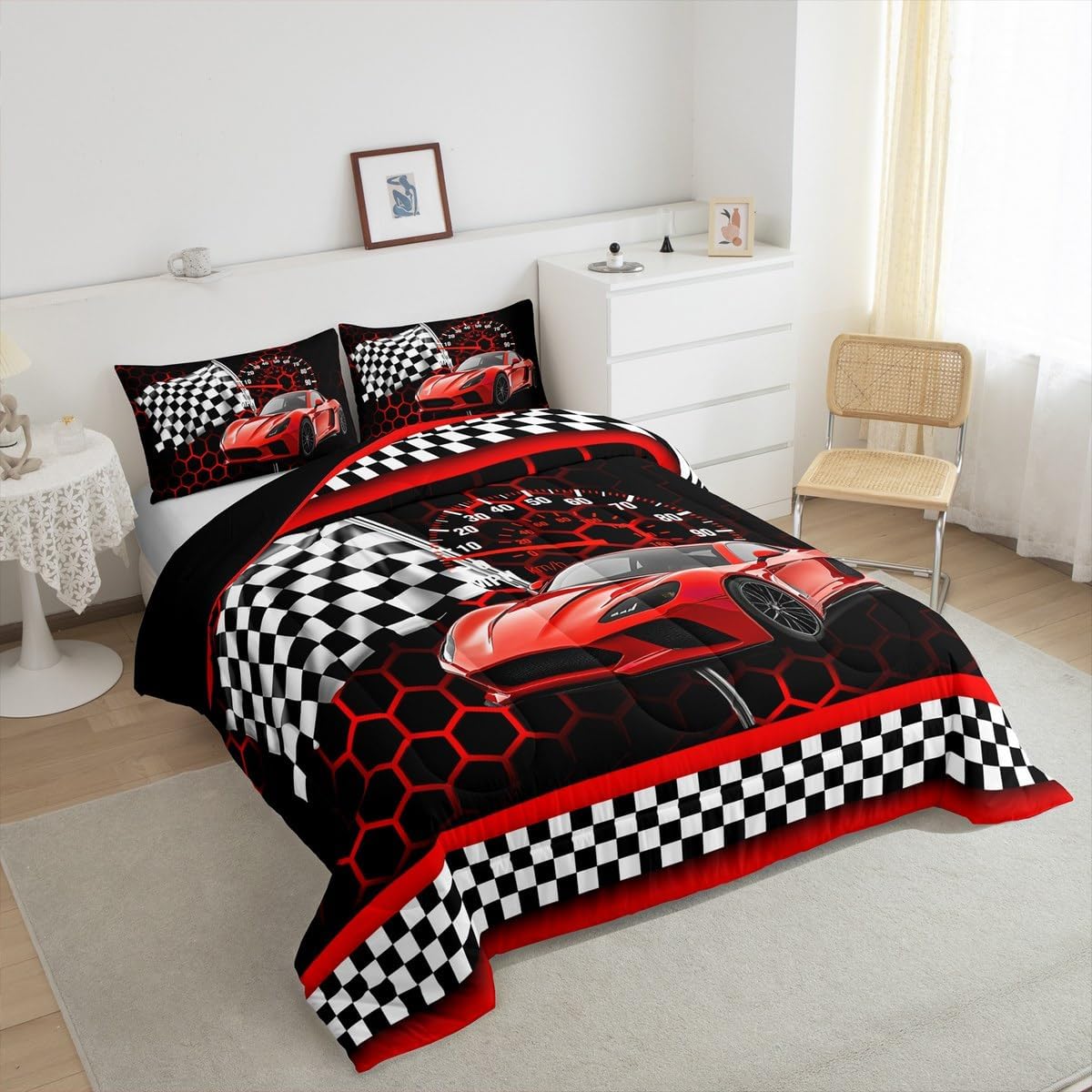 Red Race Car Comforter Set Full Size,Neon Lights Honeycomb Extreme Sports Duvet Sets for Kids Teens Adults Bedroom Decor,Black White Grid Flag Extreme Sports Microfiber Soft Bedding Comforter,3 Pcs