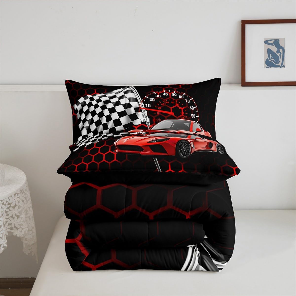 Red Race Car Comforter Set Full Size,Neon Lights Honeycomb Extreme Sports Duvet Sets for Kids Teens Adults Bedroom Decor,Black White Grid Flag Extreme Sports Microfiber Soft Bedding Comforter,3 Pcs