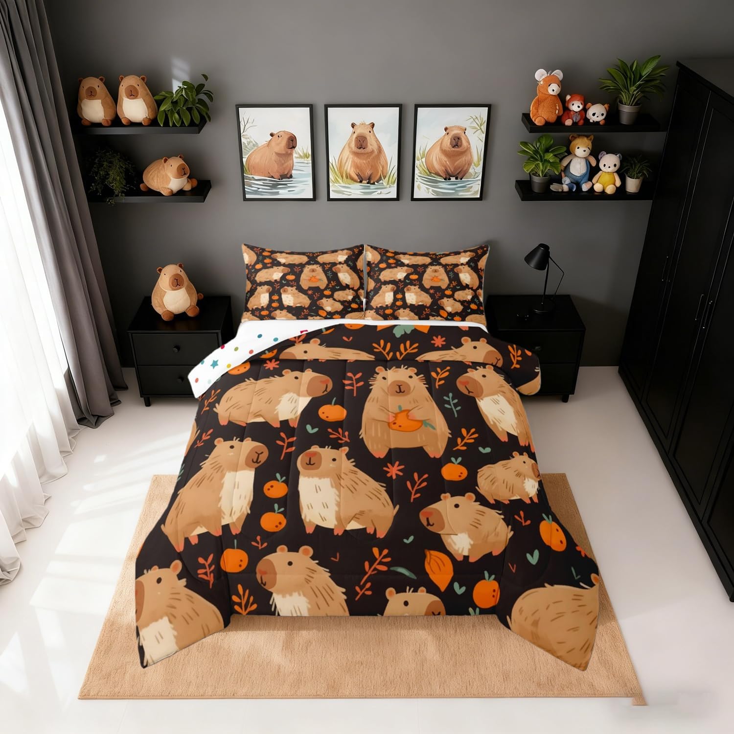 Erosebridal Cute Capybara Bedding Set Full Size for Capybara Lovers, Kawaii Animal Comforter Set for Kids Boys Girls Adults Bedroom, Persimmon Down Comforter, Cartoon Fruit Quilt, Black