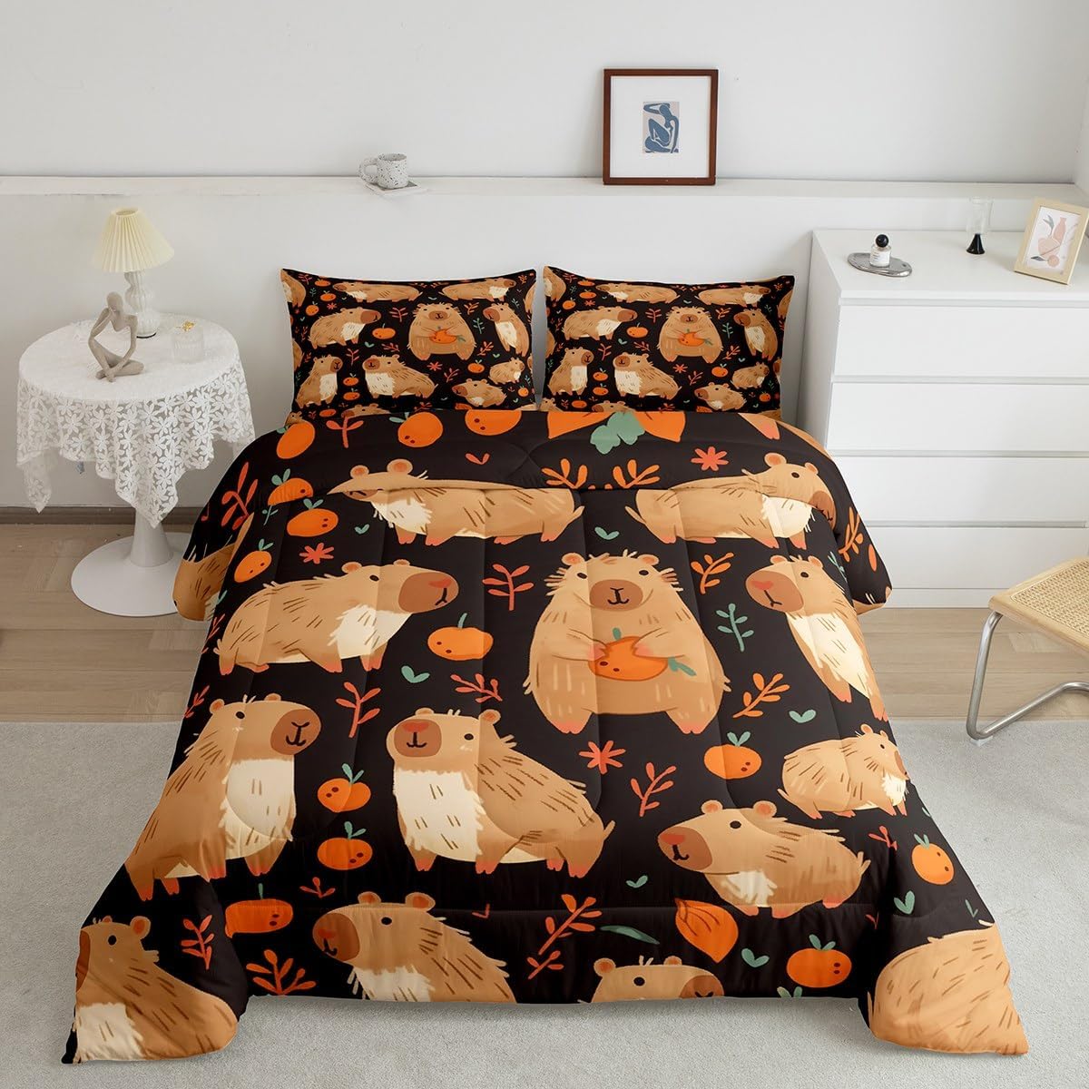 Erosebridal Cute Capybara Bedding Set Full Size for Capybara Lovers, Kawaii Animal Comforter Set for Kids Boys Girls Adults Bedroom, Persimmon Down Comforter, Cartoon Fruit Quilt, Black