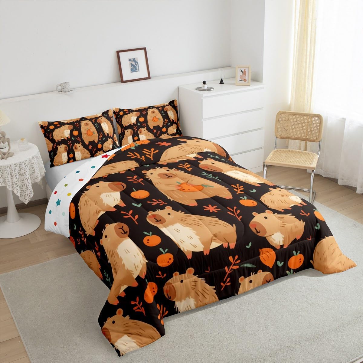 Erosebridal Cute Capybara Bedding Set Full Size for Capybara Lovers, Kawaii Animal Comforter Set for Kids Boys Girls Adults Bedroom, Persimmon Down Comforter, Cartoon Fruit Quilt, Black