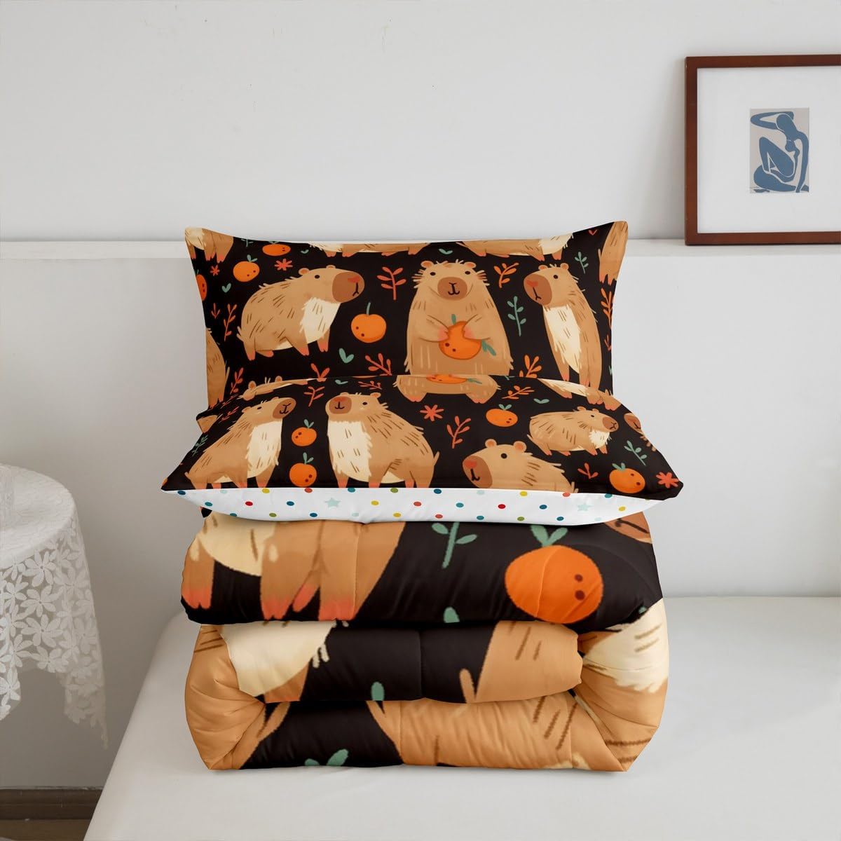 Erosebridal Cute Capybara Bedding Set Full Size for Capybara Lovers, Kawaii Animal Comforter Set for Kids Boys Girls Adults Bedroom, Persimmon Down Comforter, Cartoon Fruit Quilt, Black