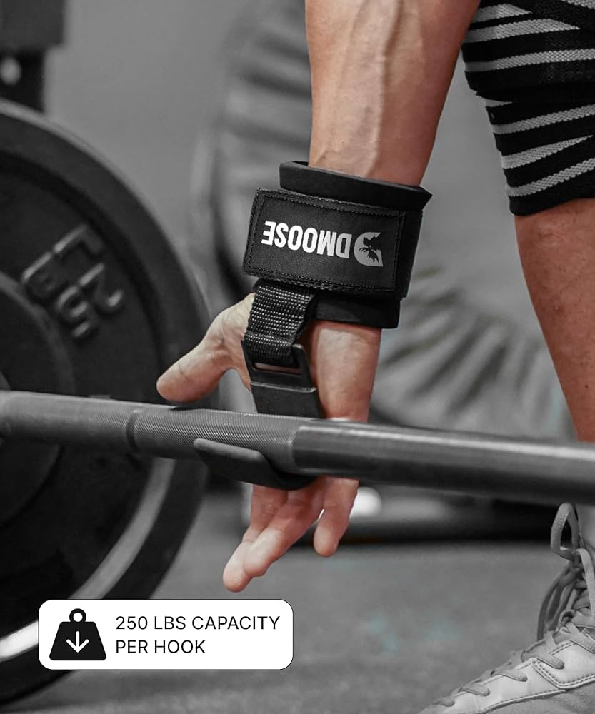 DMoose Fitness Weight Lifting Hooks (Pair) for Deadlifts, Pull Ups, Rows & Shrugs – Anti-Rip Nylon Strap Hand Grips with Thick Wrist Padding – Heavy Duty Wrist Straps for Weightlifting & Gym Workouts