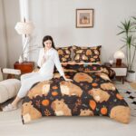 Erosebridal Cute Capybara Bedding Set Full Size for Capybara Lovers, Kawaii Animal Comforter Set for Kids Boys Girls Adults Bedroom, Persimmon Down Comforter, Cartoon Fruit Quilt, Black