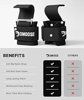 DMoose Fitness Weight Lifting Hooks (Pair) for Deadlifts, Pull Ups, Rows & Shrugs – Anti-Rip Nylon Strap Hand Grips with Thick Wrist Padding – Heavy Duty Wrist Straps for Weightlifting & Gym Workouts