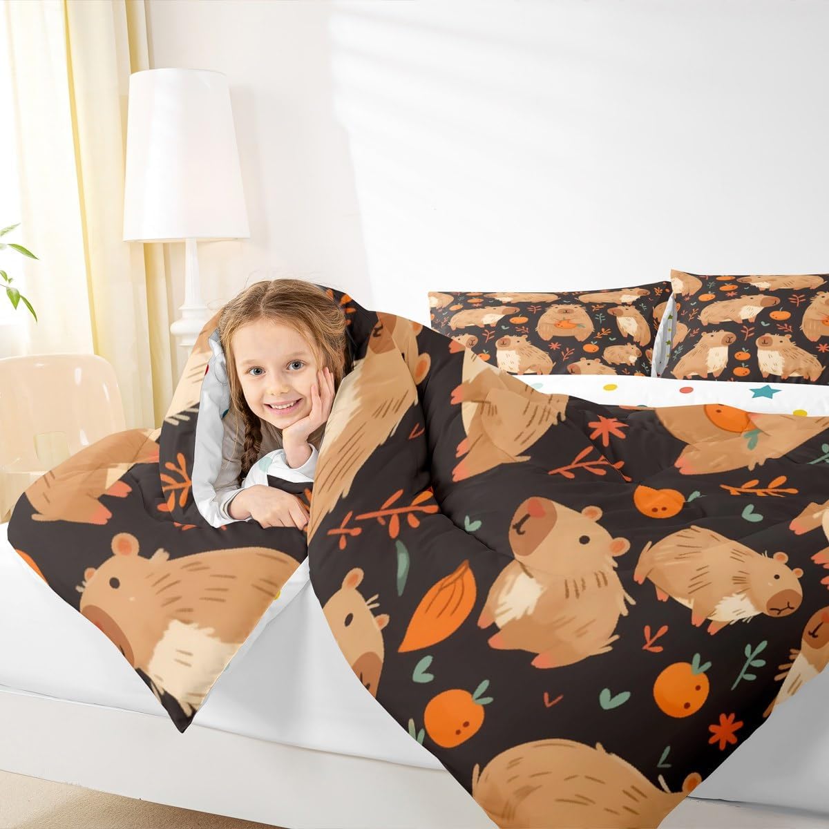Erosebridal Cute Capybara Bedding Set Full Size for Capybara Lovers, Kawaii Animal Comforter Set for Kids Boys Girls Adults Bedroom, Persimmon Down Comforter, Cartoon Fruit Quilt, Black