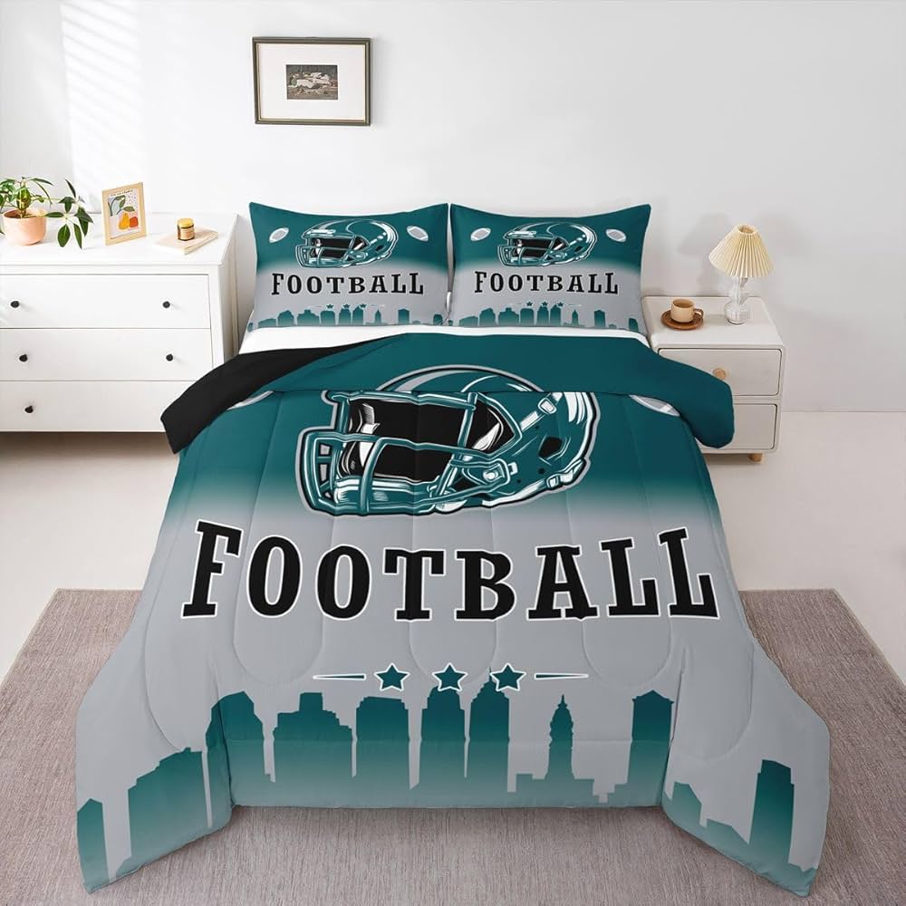 Erosebridal Football Queen Comforter Set American Soccer City Bedding Set for Kids Teen Adults,Rugby Sports Green Grey Comforter Sports Competitive Games Quilt