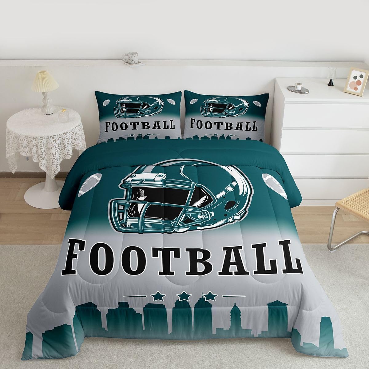Erosebridal Football Queen Comforter Set American Soccer City Bedding Set for Kids Teen Adults,Rugby Sports Green Grey Comforter Sports Competitive Games Quilt