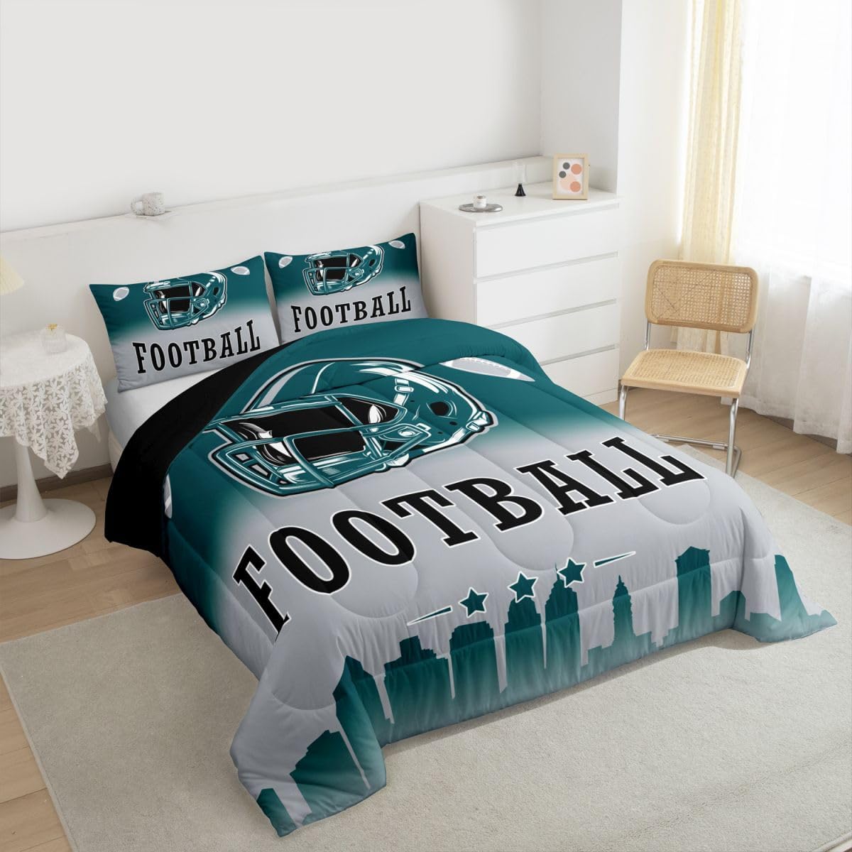 Erosebridal Football Queen Comforter Set American Soccer City Bedding Set for Kids Teen Adults,Rugby Sports Green Grey Comforter Sports Competitive Games Quilt
