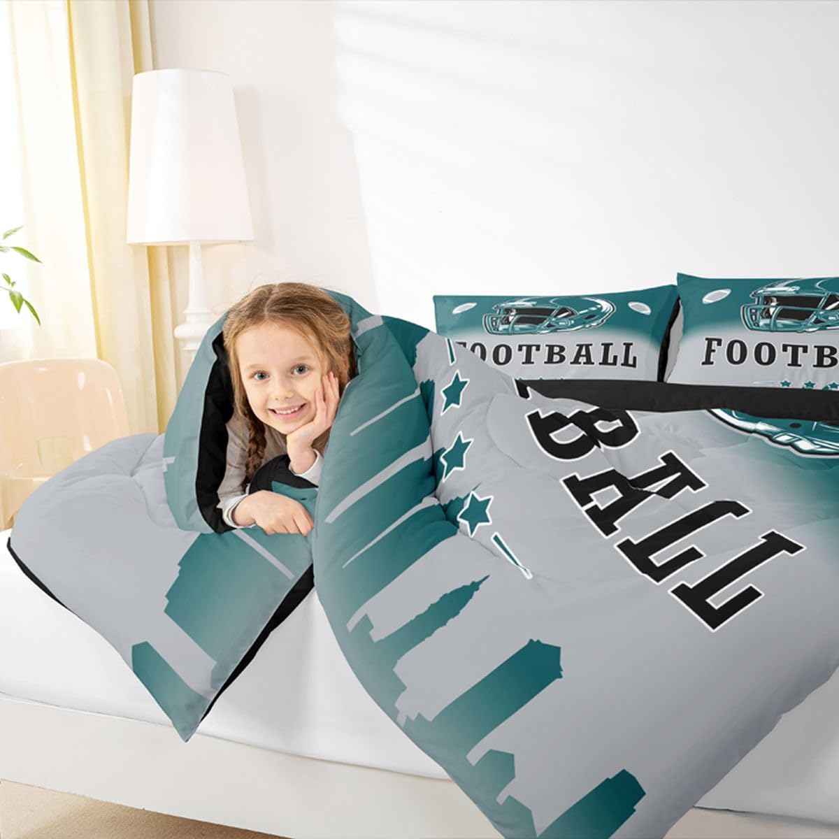 Erosebridal Football Queen Comforter Set American Soccer City Bedding Set for Kids Teen Adults,Rugby Sports Green Grey Comforter Sports Competitive Games Quilt