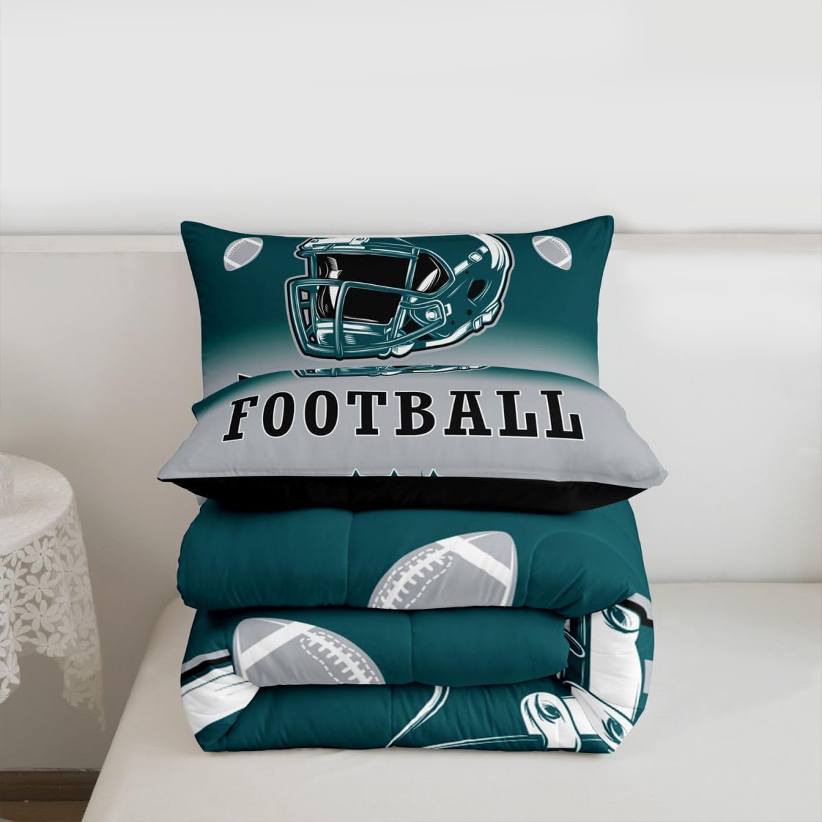 Erosebridal Football Queen Comforter Set American Soccer City Bedding Set for Kids Teen Adults,Rugby Sports Green Grey Comforter Sports Competitive Games Quilt