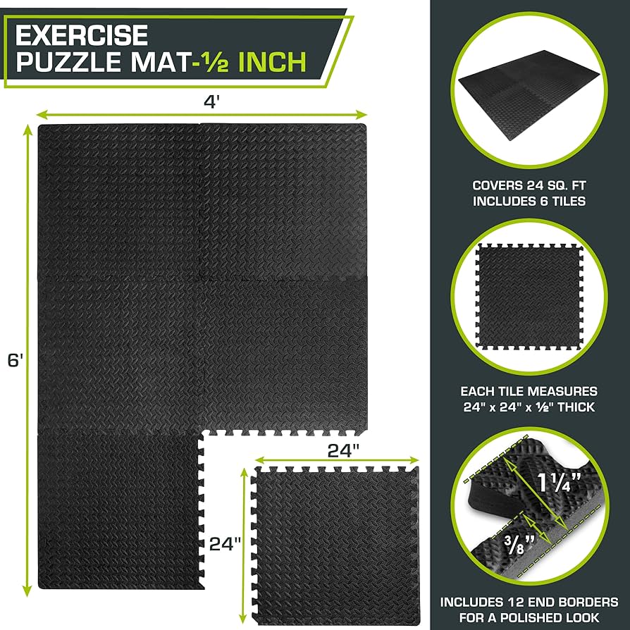ProsourceFit Puzzle Exercise Mat ½ in, EVA Interlocking Foam Floor Tiles for Home Gym, Mat for Home Workout Equipment, Floor Padding for Kids, Black, 24 in x 24 in x ½ in, 24 Sq Ft – 6 Tiles