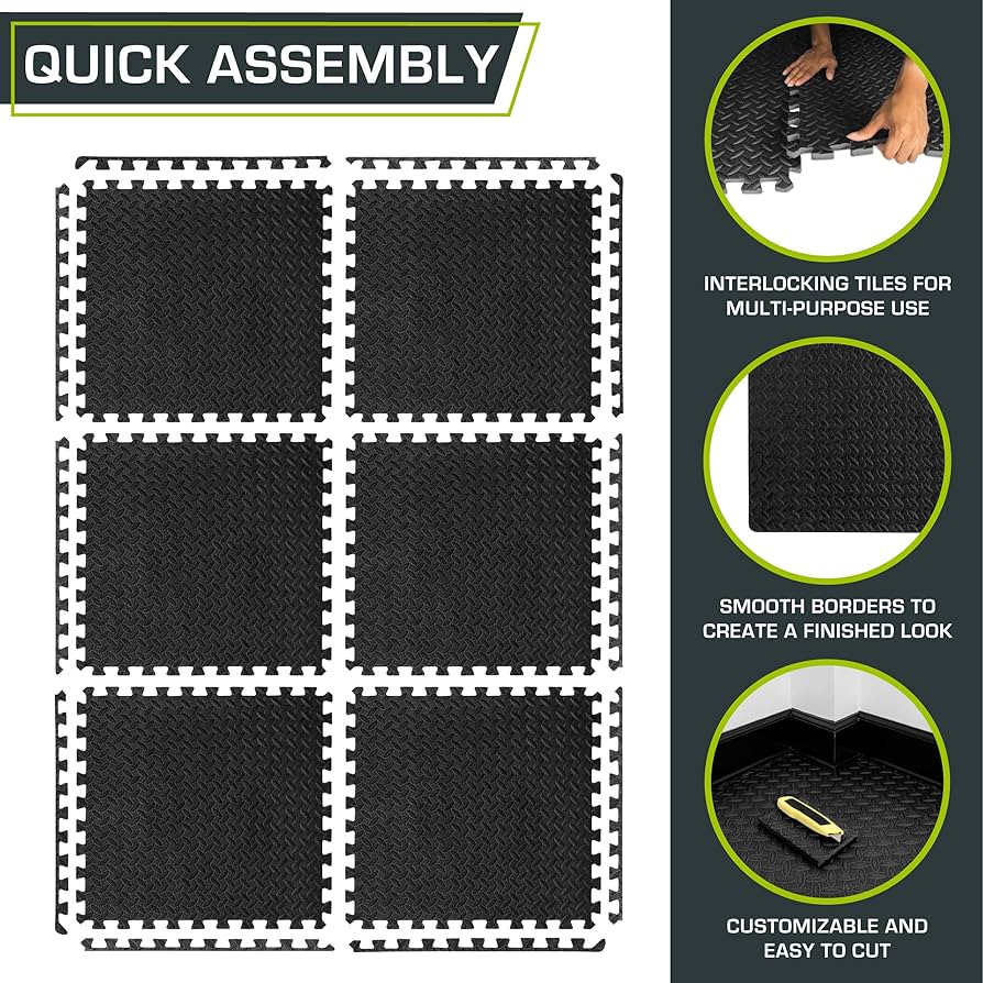 ProsourceFit Puzzle Exercise Mat ½ in, EVA Interlocking Foam Floor Tiles for Home Gym, Mat for Home Workout Equipment, Floor Padding for Kids, Black, 24 in x 24 in x ½ in, 24 Sq Ft – 6 Tiles