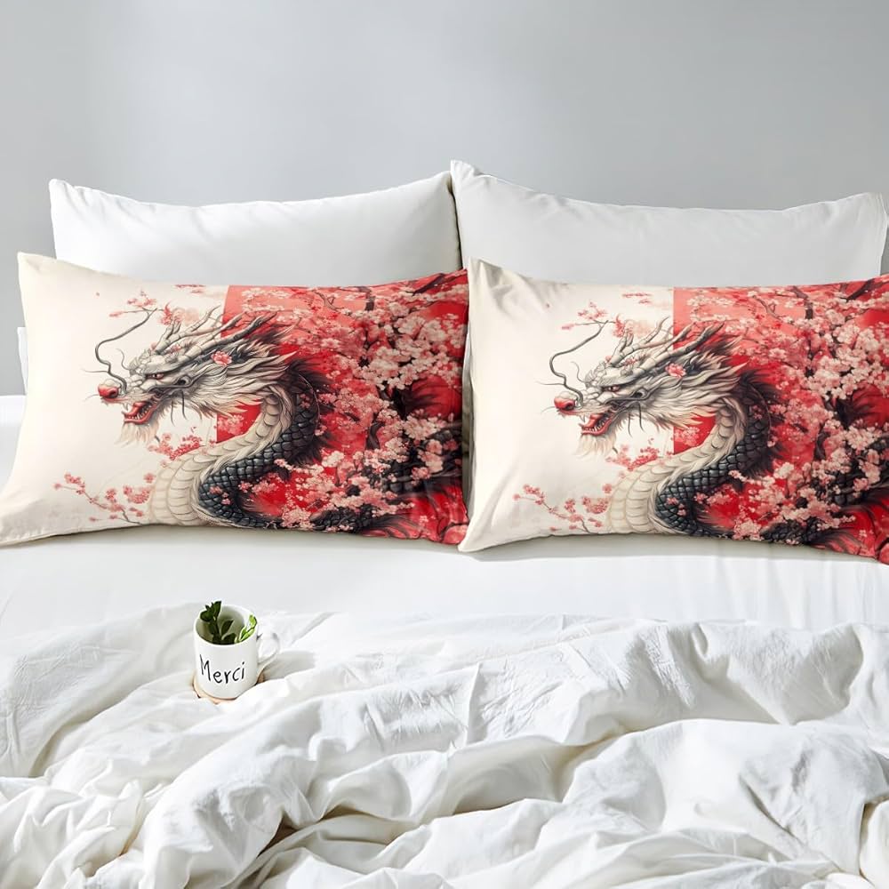 Erosebridal Girls Dragon Comforter Set Queen Size, Japanese Style Animal Down Comforter Cherry Blossoms Sakura Bedding Set Ancient Wildlife Quilt for Kids Teens Adult Women Bedroom Decor, Pink
