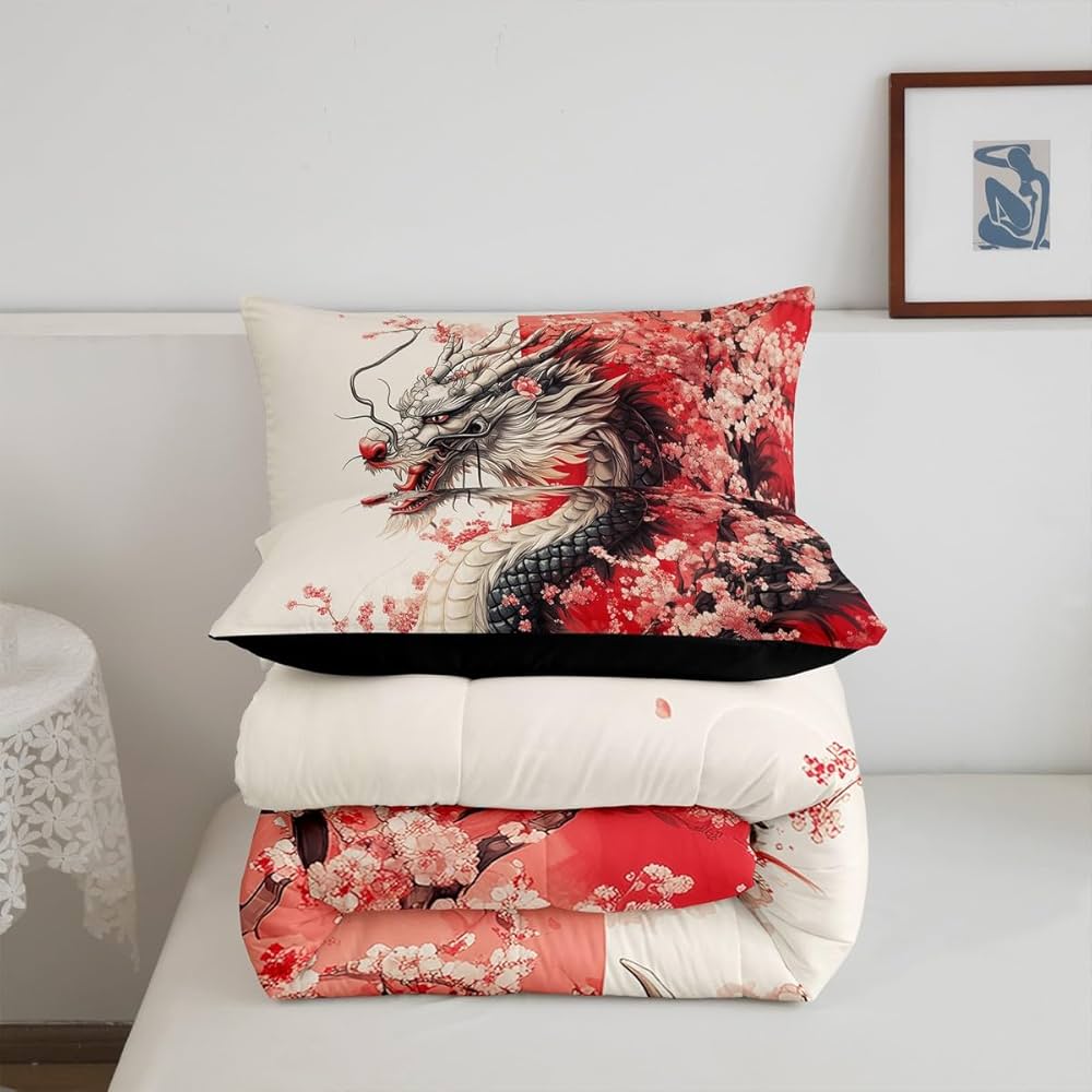 Erosebridal Girls Dragon Comforter Set Queen Size, Japanese Style Animal Down Comforter Cherry Blossoms Sakura Bedding Set Ancient Wildlife Quilt for Kids Teens Adult Women Bedroom Decor, Pink