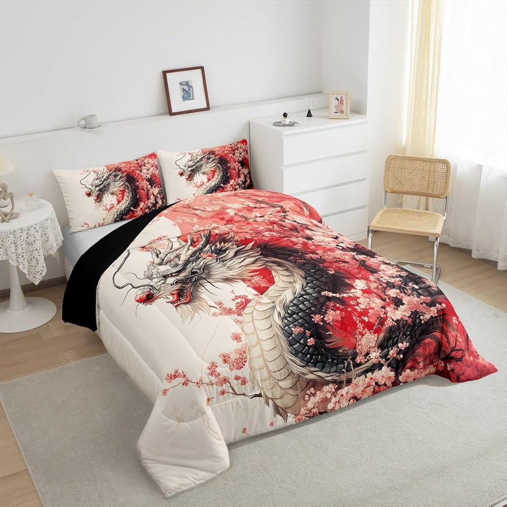 Erosebridal Girls Dragon Comforter Set Queen Size, Japanese Style Animal Down Comforter Cherry Blossoms Sakura Bedding Set Ancient Wildlife Quilt for Kids Teens Adult Women Bedroom Decor, Pink