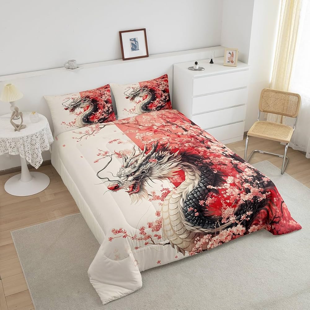 Erosebridal Girls Dragon Comforter Set Queen Size, Japanese Style Animal Down Comforter Cherry Blossoms Sakura Bedding Set Ancient Wildlife Quilt for Kids Teens Adult Women Bedroom Decor, Pink