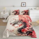 Erosebridal Girls Dragon Comforter Set Queen Size, Japanese Style Animal Down Comforter Cherry Blossoms Sakura Bedding Set Ancient Wildlife Quilt for Kids Teens Adult Women Bedroom Decor, Pink