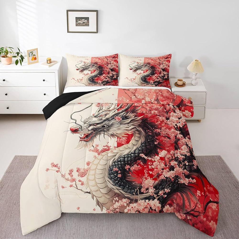 Erosebridal Girls Dragon Comforter Set Queen Size, Japanese Style Animal Down Comforter Cherry Blossoms Sakura Bedding Set Ancient Wildlife Quilt for Kids Teens Adult Women Bedroom Decor, Pink