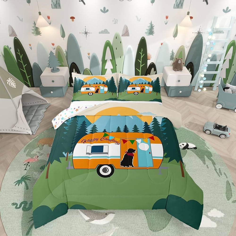 Erosebridal Camping Bedding Set Happy Camper Comforter Set,Rv Travel Duvet Insert for Kids Teens Adults Rustic Farmhouse Room Decor,Country Car Animals Down Comforter,Orange Green,Queen