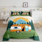 Erosebridal Camping Bedding Set Happy Camper Comforter Set,Rv Travel Duvet Insert for Kids Teens Adults Rustic Farmhouse Room Decor,Country Car Animals Down Comforter,Orange Green,Queen
