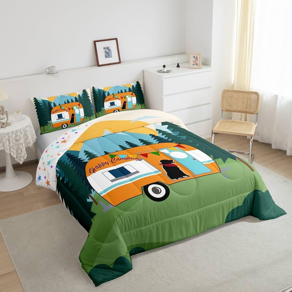 Erosebridal Camping Bedding Set Happy Camper Comforter Set,Rv Travel Duvet Insert for Kids Teens Adults Rustic Farmhouse Room Decor,Country Car Animals Down Comforter,Orange Green,Queen