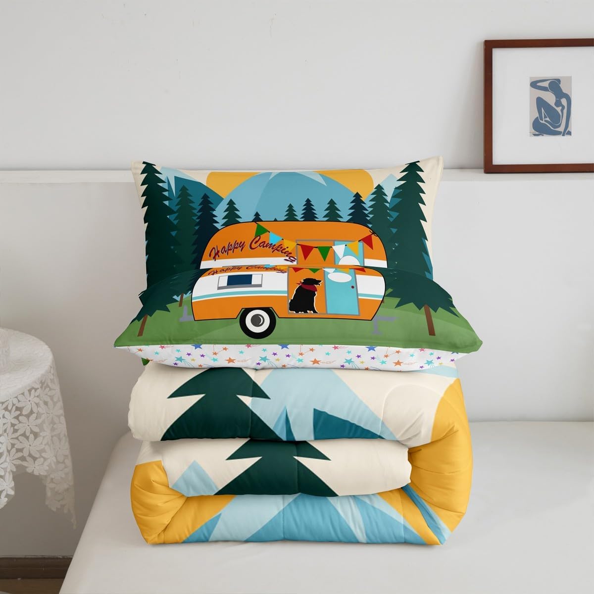 Erosebridal Camping Bedding Set Happy Camper Comforter Set,Rv Travel Duvet Insert for Kids Teens Adults Rustic Farmhouse Room Decor,Country Car Animals Down Comforter,Orange Green,Queen