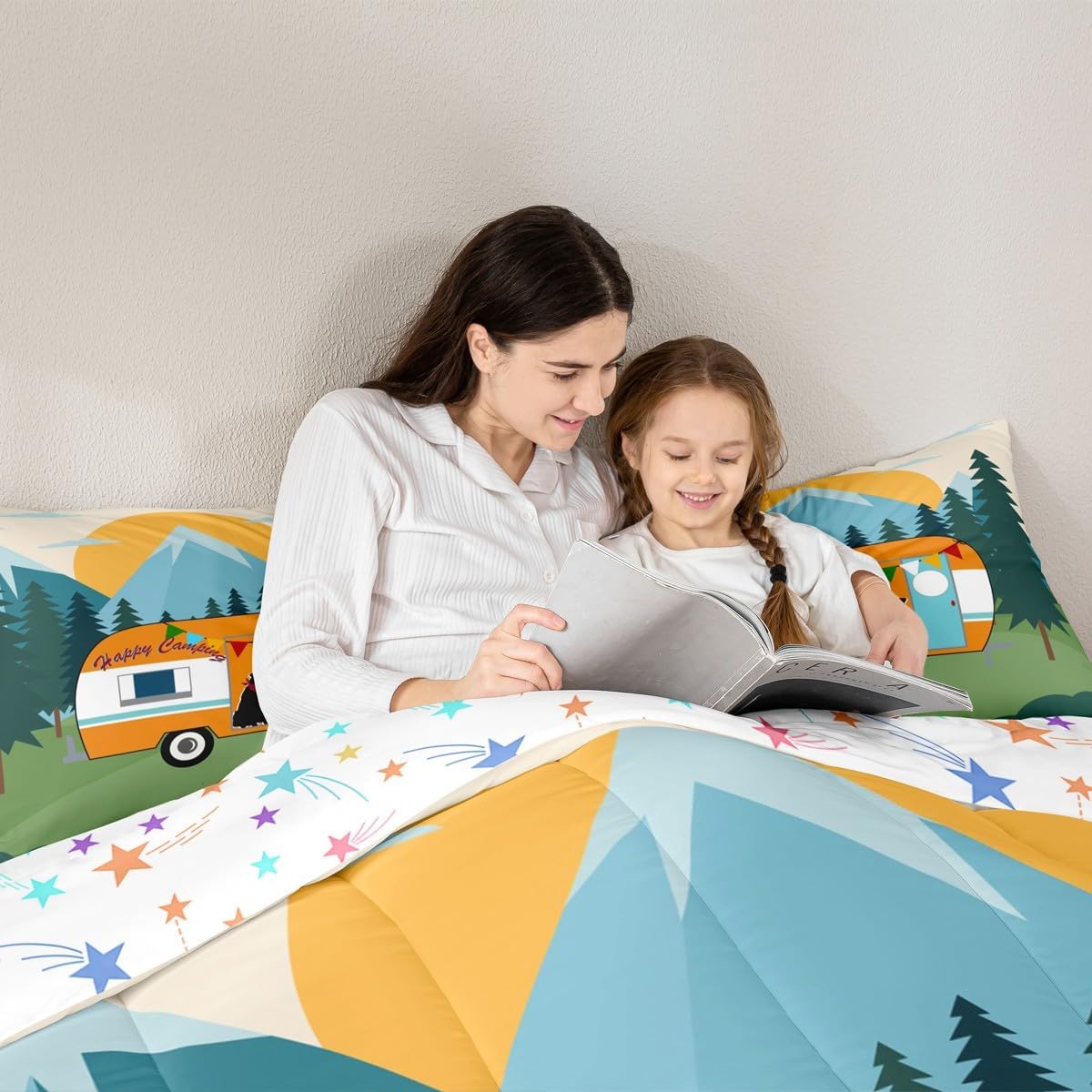 Erosebridal Camping Bedding Set Happy Camper Comforter Set,Rv Travel Duvet Insert for Kids Teens Adults Rustic Farmhouse Room Decor,Country Car Animals Down Comforter,Orange Green,Queen