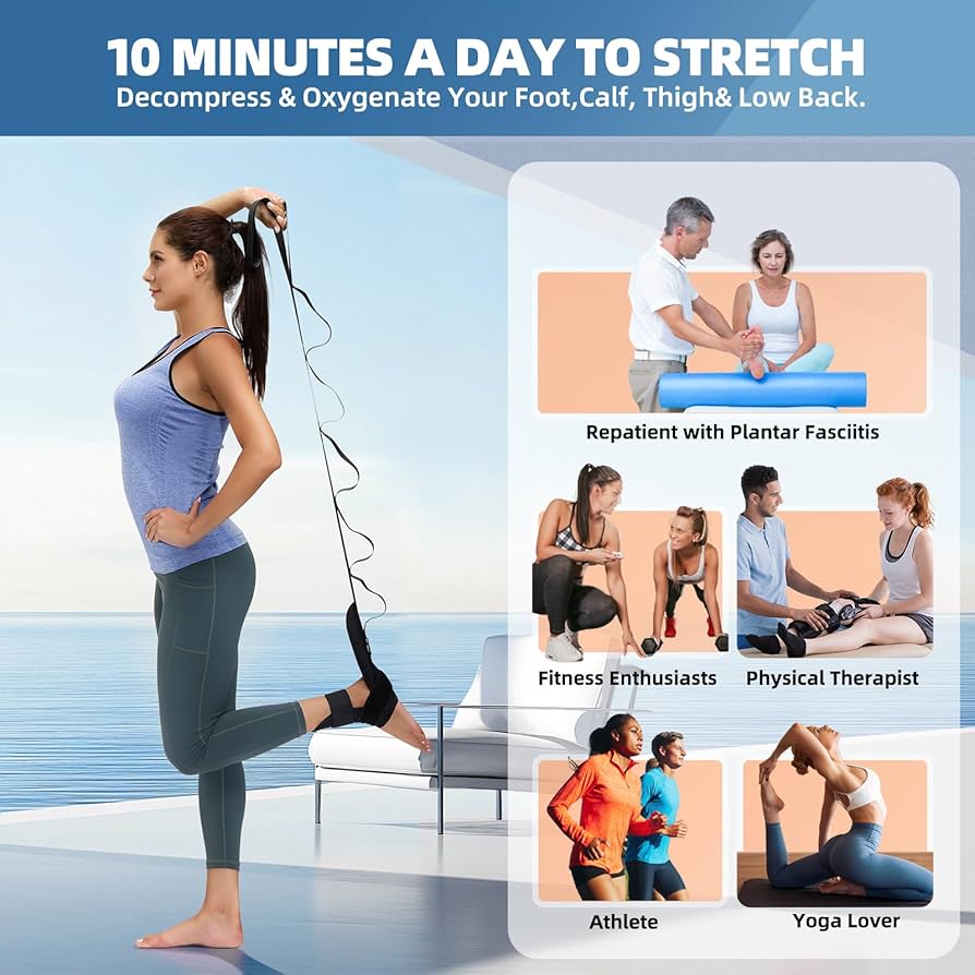 Foot and Calf Stretcher-Stretching Strap For Plantar Fasciitis, Heel Spurs, Foot Drop, Achilles Tendonitis & Hamstring. Yoga Foot & Leg Stretch Strap.