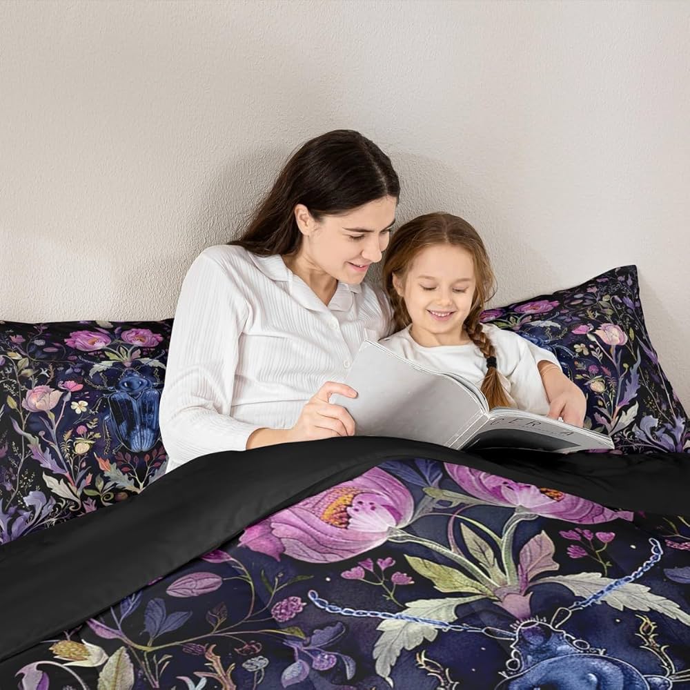 Castle Fairy Beetle Kids Comforter Set,Insect Animals Theme Down Alternative Adults Room Decor,Nature Plant Leaves Flowers Ultra Soft Microfiber Inner Fill 3Pcs Bedding Queen Size