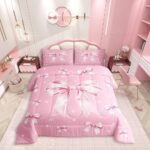 Erosebridal Pink Bow Comforter Set Dreamy Butterfly Knot Full Bedding Set Girly Princess Ribbon Bedding for Kids Girls Women Fantasy White Stars Quilt Bed Set 3Pcs Bedroom Decor