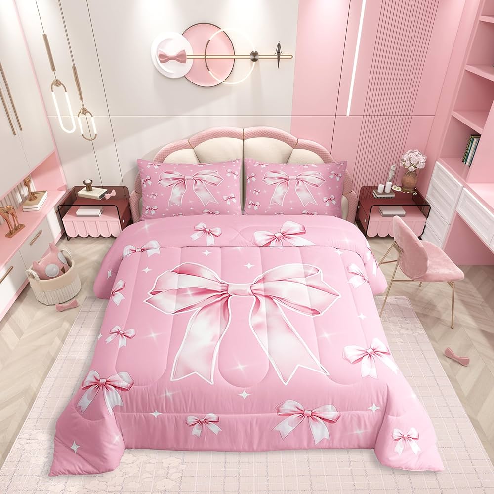 Erosebridal Pink Bow Comforter Set Dreamy Butterfly Knot Full Bedding Set Girly Princess Ribbon Bedding for Kids Girls Women Fantasy White Stars Quilt Bed Set 3Pcs Bedroom Decor