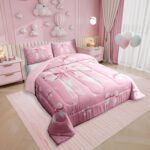 Erosebridal Pink Bow Comforter Set Dreamy Butterfly Knot Full Bedding Set Girly Princess Ribbon Bedding for Kids Girls Women Fantasy White Stars Quilt Bed Set 3Pcs Bedroom Decor