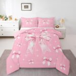 Erosebridal Pink Bow Comforter Set Dreamy Butterfly Knot Full Bedding Set Girly Princess Ribbon Bedding for Kids Girls Women Fantasy White Stars Quilt Bed Set 3Pcs Bedroom Decor
