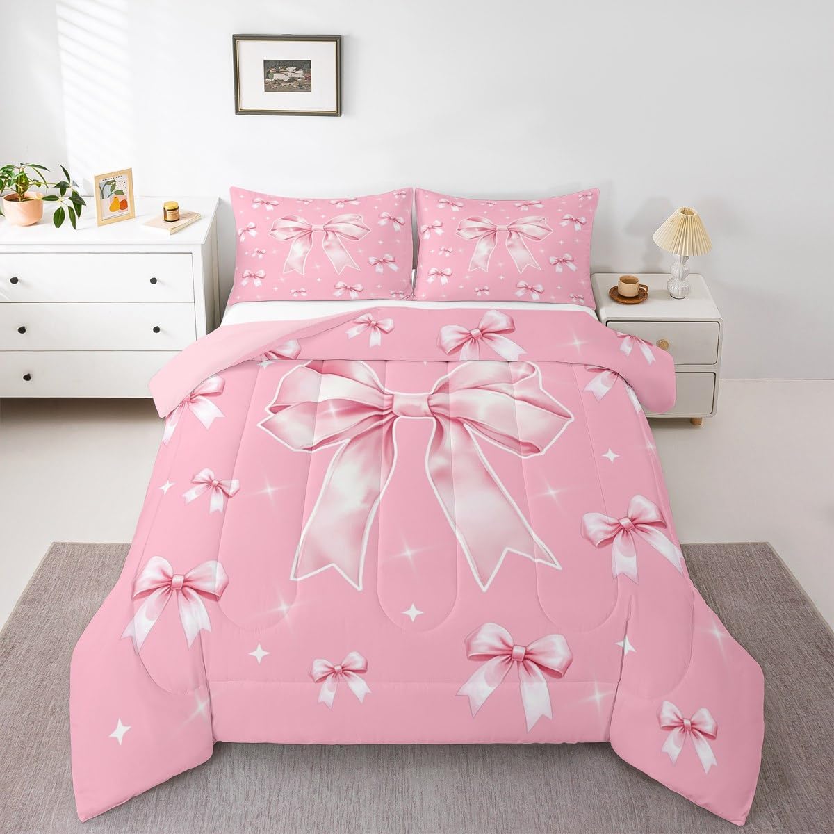 Erosebridal Pink Bow Comforter Set Dreamy Butterfly Knot Full Bedding Set Girly Princess Ribbon Bedding for Kids Girls Women Fantasy White Stars Quilt Bed Set 3Pcs Bedroom Decor