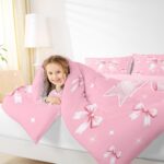 Erosebridal Pink Bow Comforter Set Dreamy Butterfly Knot Full Bedding Set Girly Princess Ribbon Bedding for Kids Girls Women Fantasy White Stars Quilt Bed Set 3Pcs Bedroom Decor