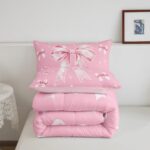 Erosebridal Pink Bow Comforter Set Dreamy Butterfly Knot Full Bedding Set Girly Princess Ribbon Bedding for Kids Girls Women Fantasy White Stars Quilt Bed Set 3Pcs Bedroom Decor