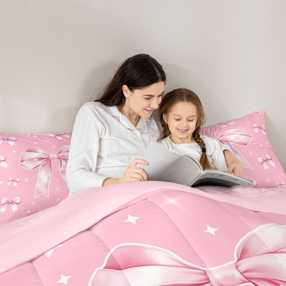 Erosebridal Pink Bow Comforter Set Dreamy Butterfly Knot Full Bedding Set Girly Princess Ribbon Bedding for Kids Girls Women Fantasy White Stars Quilt Bed Set 3Pcs Bedroom Decor