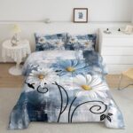 Teal Bedding Set Farmhouse Flower Comforter Set Rustic Farm Blue Floral Down Comforter Full,Kids Adults Men Women Daisy Country Wooden Quilt Duvet for Oil Painting Room Decor,Blue Turquoise