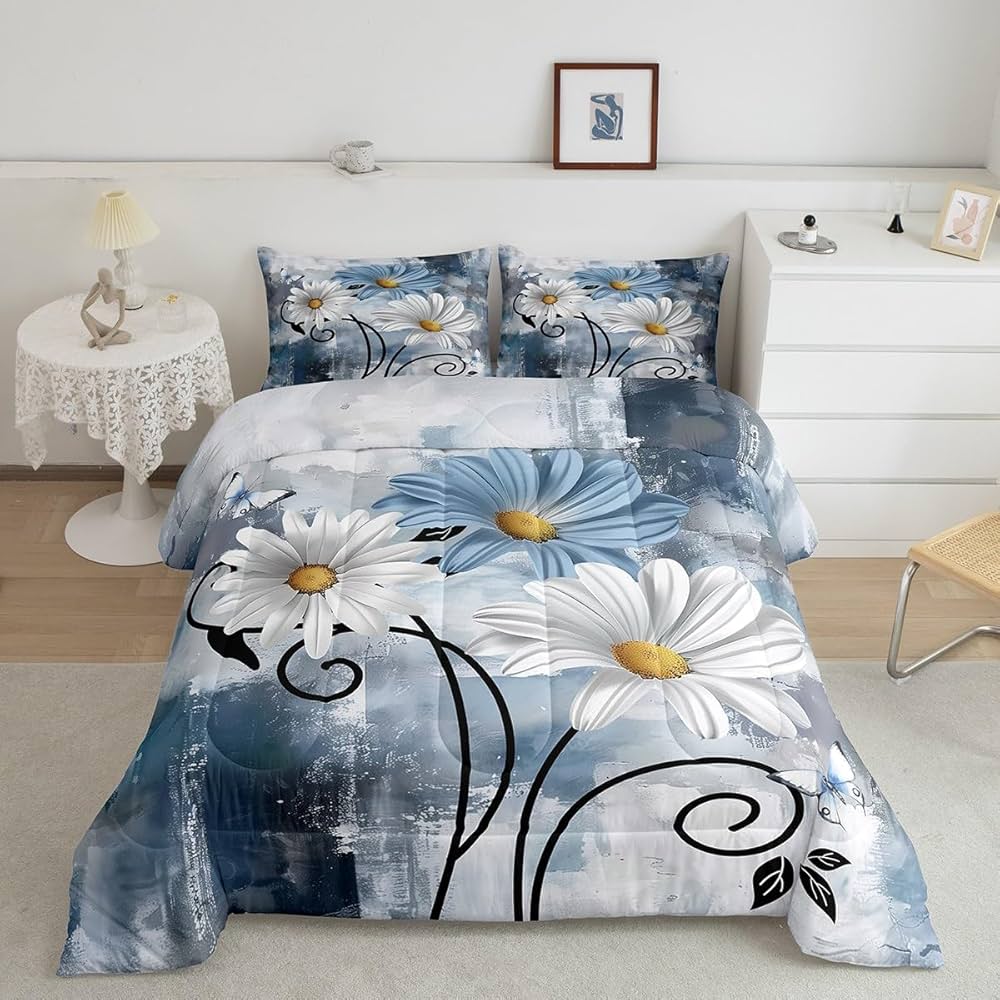 Teal Bedding Set Farmhouse Flower Comforter Set Rustic Farm Blue Floral Down Comforter Full,Kids Adults Men Women Daisy Country Wooden Quilt Duvet for Oil Painting Room Decor,Blue Turquoise