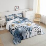 Teal Bedding Set Farmhouse Flower Comforter Set Rustic Farm Blue Floral Down Comforter Full,Kids Adults Men Women Daisy Country Wooden Quilt Duvet for Oil Painting Room Decor,Blue Turquoise