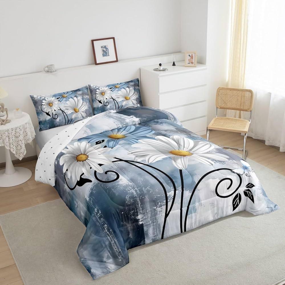 Teal Bedding Set Farmhouse Flower Comforter Set Rustic Farm Blue Floral Down Comforter Full,Kids Adults Men Women Daisy Country Wooden Quilt Duvet for Oil Painting Room Decor,Blue Turquoise