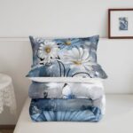 Teal Bedding Set Farmhouse Flower Comforter Set Rustic Farm Blue Floral Down Comforter Full,Kids Adults Men Women Daisy Country Wooden Quilt Duvet for Oil Painting Room Decor,Blue Turquoise