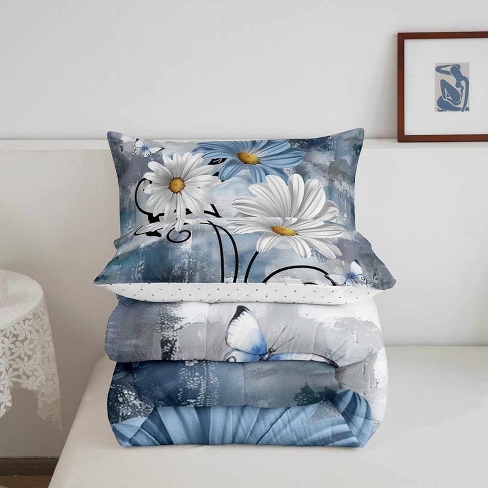 Teal Bedding Set Farmhouse Flower Comforter Set Rustic Farm Blue Floral Down Comforter Full,Kids Adults Men Women Daisy Country Wooden Quilt Duvet for Oil Painting Room Decor,Blue Turquoise