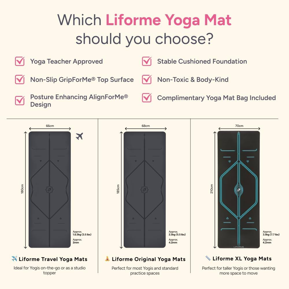 Liforme Original Yoga Mat – Free Yoga Bag Included – Patented Alignment System, Warrior-like Grip, Non-slip, Eco-friendly, sweat-resistant, long, wide, 4.2mm thick mat for comfort