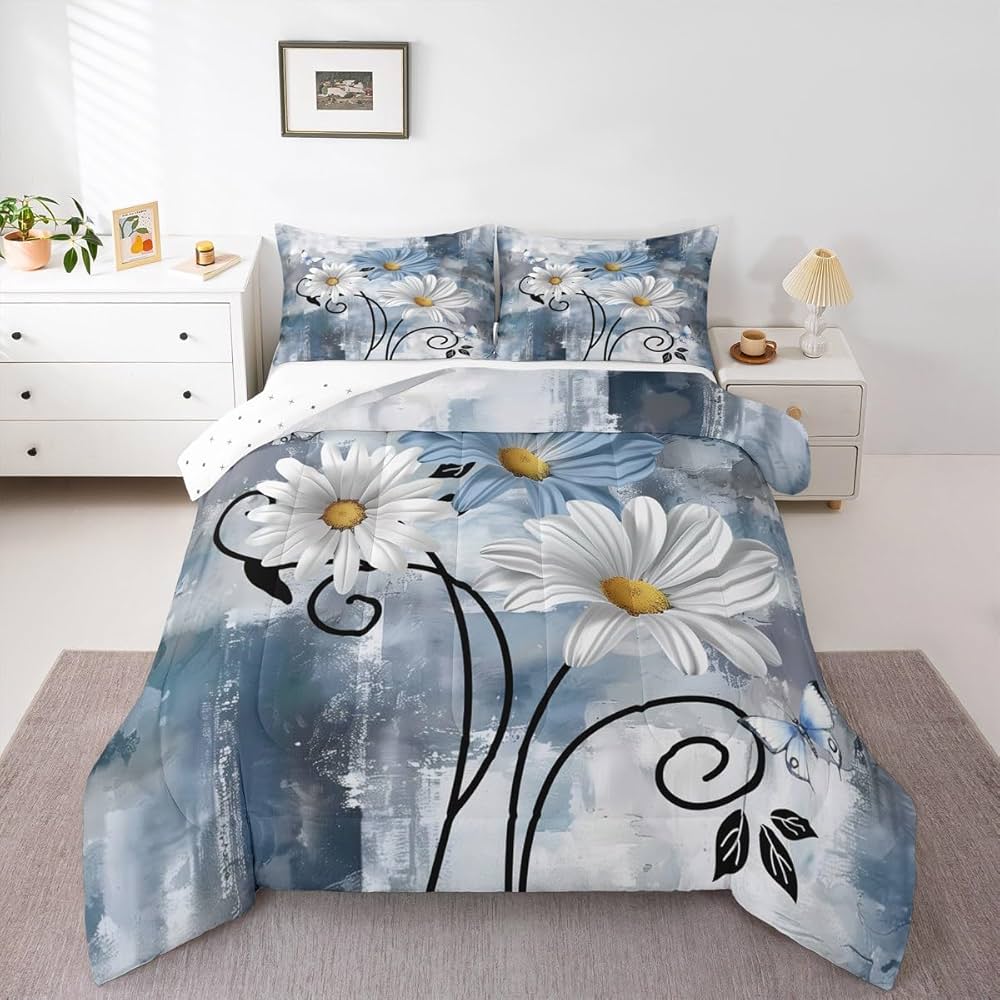 Teal Bedding Set Farmhouse Flower Comforter Set Rustic Farm Blue Floral Down Comforter Full,Kids Adults Men Women Daisy Country Wooden Quilt Duvet for Oil Painting Room Decor,Blue Turquoise